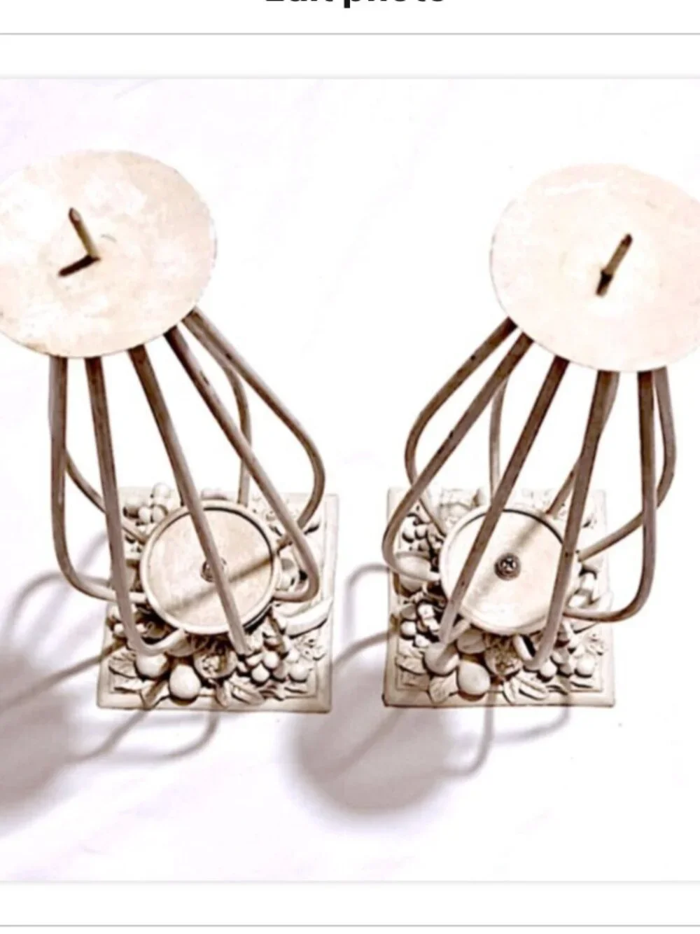 Pair Vintage Metal Wire Candle Holders 13.5” Tall White Fruit Base Decor